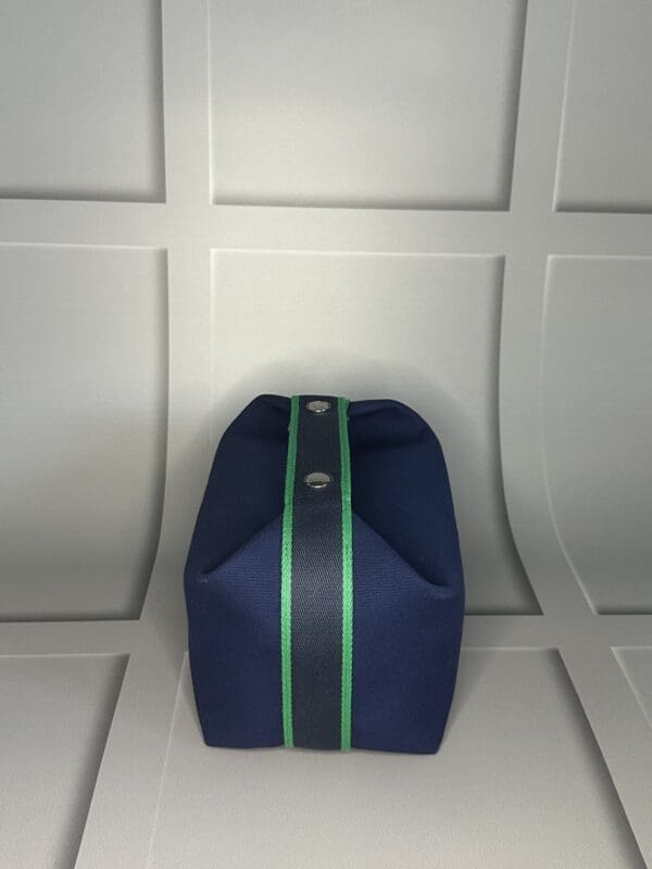 A blue bag with green stripes on it